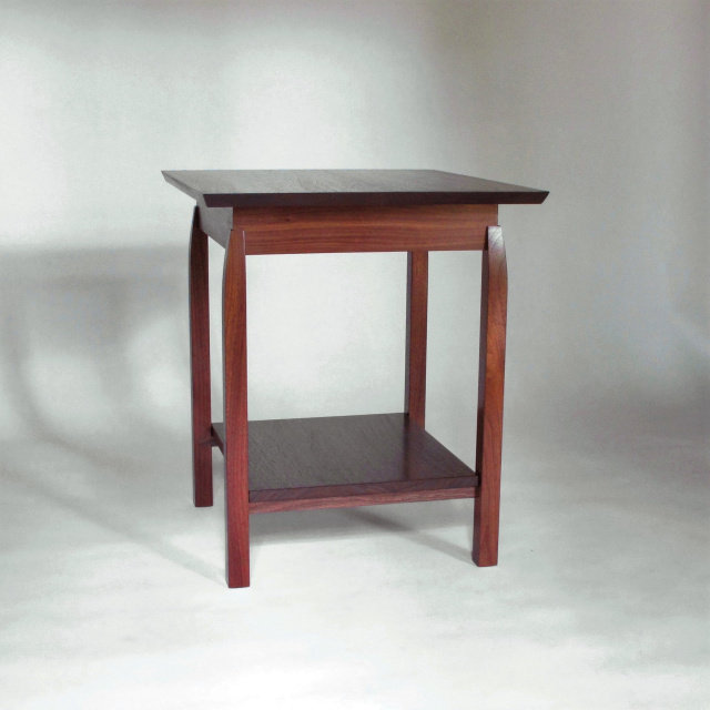 an almost square side table with shelf or large end table to share